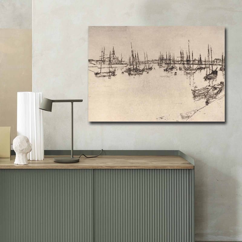 Lærred 70x100 cm - Stiliseret udsigt over en havn med både og master i silhuet - Sort / Beige - Boligtilbehør - Billeder & kunst - Billeder på lærred