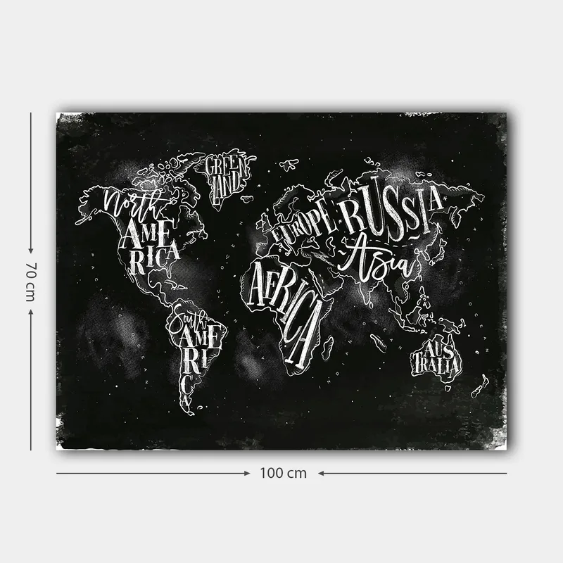 Lærred 70x100 cm - Stiliseret verdenskort med geografiske navne i hvid tekst mod en sort baggrund - Sort / Hvid - Boligtilbehør - Billeder & kunst - Billeder på lærred