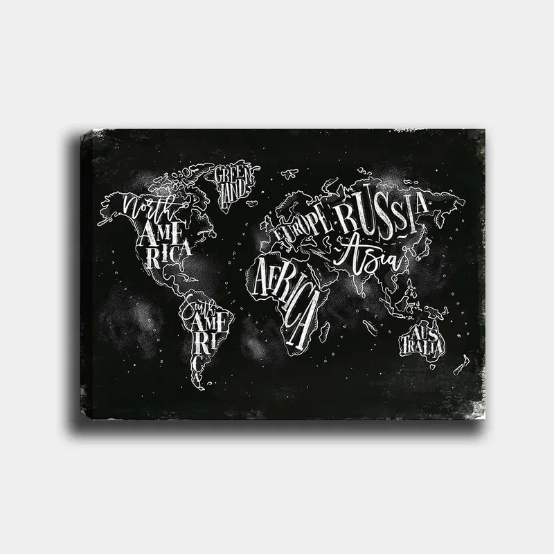 Lærred 70x100 cm - Stiliseret verdenskort med geografiske navne i hvid tekst mod en sort baggrund, Sort / Hvid