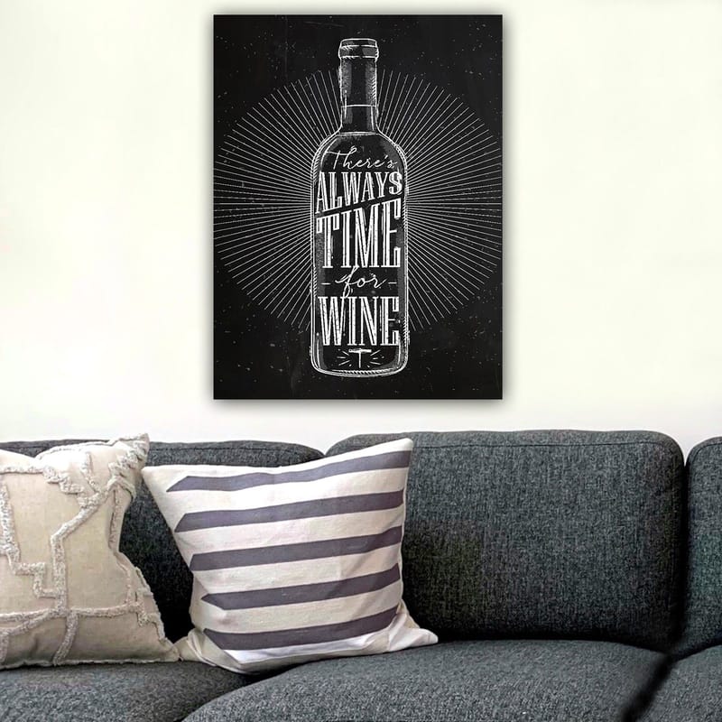 Lærred 70x100 cm - Stiliseret vinflaske med teksten There's always time for wine i et moderne design - Sort / Hvid - Boligtilbehør - Billeder & kunst - Billeder på lærred