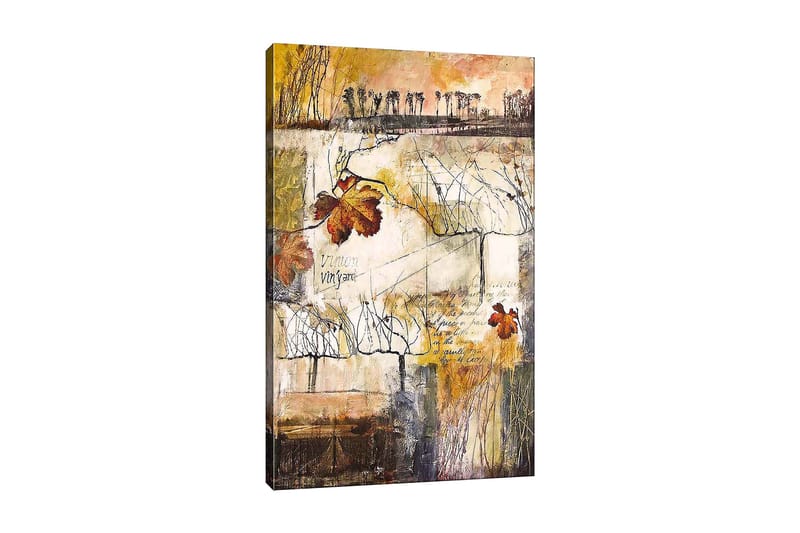 Lærred 70x100 cm - Stiliseret vingård med efterårsblade og abstrakte linjer, Guld / Brun / Beige