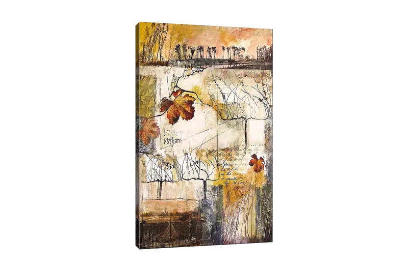 Lærred 70x100 cm - Stiliseret vingård med efterårsblade og abstrakte linjer, Guld / Brun / Beige