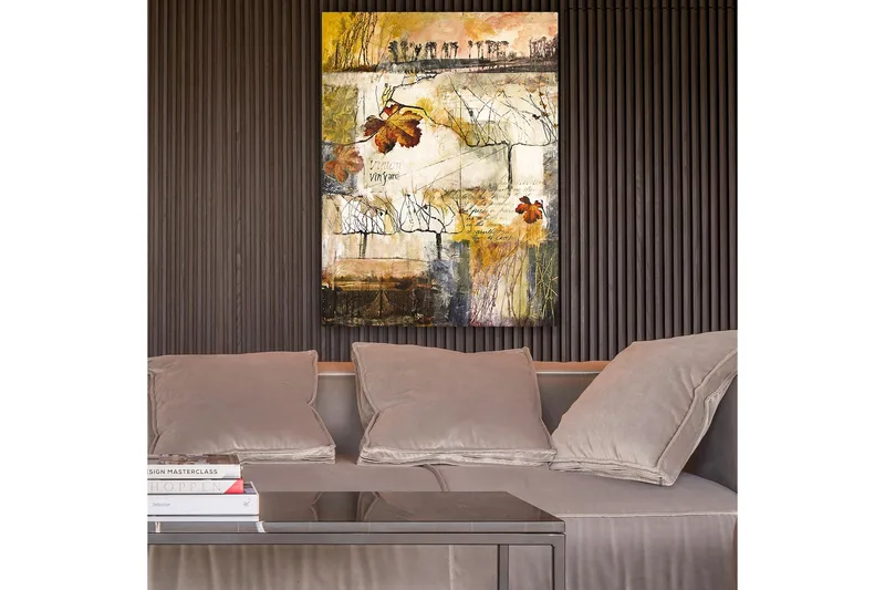 Lærred 70x100 cm - Stiliseret vingård med efterårsblade og abstrakte linjer - Guld / Brun / Beige - Boligtilbehør - Billeder & kunst - Billeder på lærred