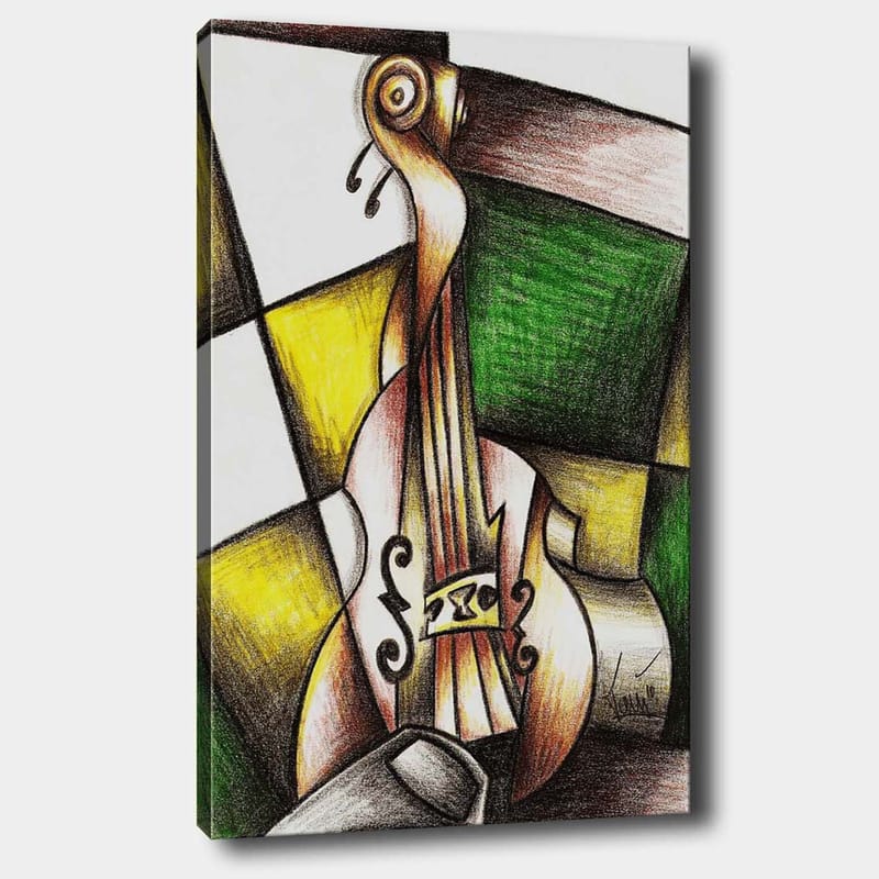 Lærred 70x100 cm - Stiliseret violin i en farverig komposition, Grøn / Gul / Brun