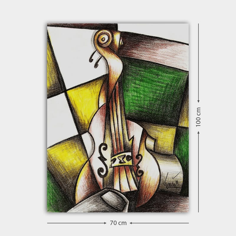 Lærred 70x100 cm - Stiliseret violin i en farverig komposition - Grøn / Gul / Brun - Boligtilbehør - Billeder & kunst - Billeder på lærred