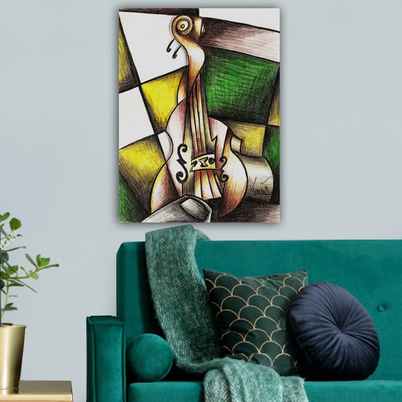 Lærred 70x100 cm - Stiliseret violin i en farverig komposition - Grøn / Gul / Brun - Boligtilbehør - Billeder & kunst - Billeder på lærred
