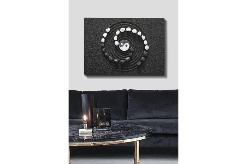 Lærred 70x100 cm - Stiliseret yin-yang-symbol omgivet af sorte og hvide sten i en spiralformet komposition, Sort / Hvid