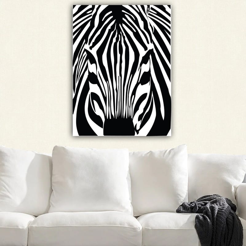 Lærred 70x100 cm - Stiliseret zebraansigt med klare sorte og hvide striber - Sort / Hvid - Boligtilbehør - Billeder & kunst - Billeder på lærred