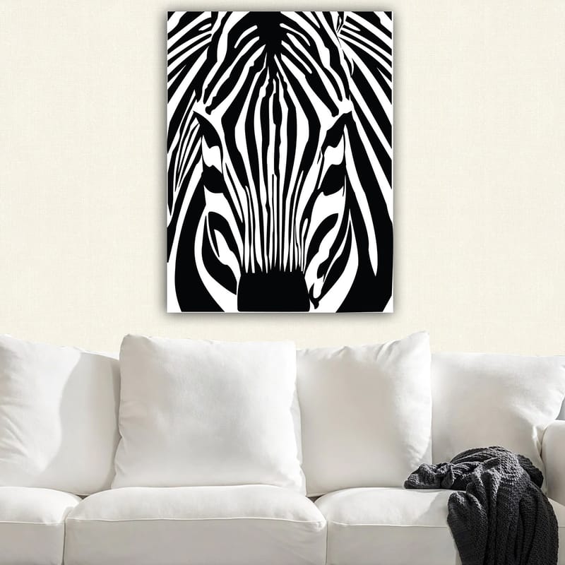 Lærred 70x100 cm - Stiliseret zebraansigt med klare sorte og hvide striber - Sort / Hvid - Boligtilbehør - Billeder & kunst - Billeder på lærred