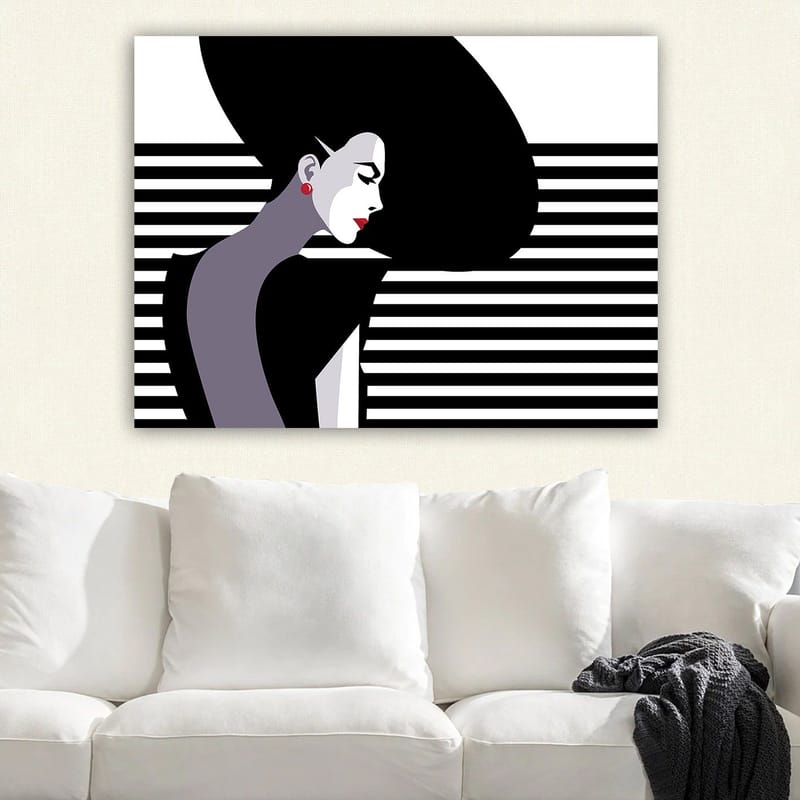 Lærred 70x100 cm - Stiliseret profil af en kvinde med stort, sort hår og røde øreringe - Sort / Hvid / Grå - Boligtilbehør - Billeder & kunst - Billeder på lærred