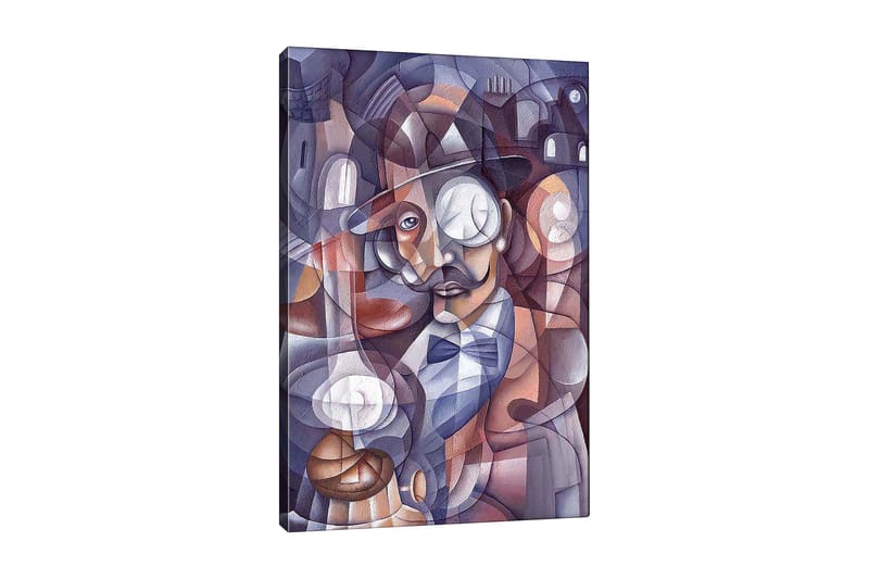 Lærred 70x100 cm - Stiliseret portræt af en mand med hat og monokel, omgivet af abstrakte former og lyskilder, Mørkeblå / Beige / Bordeaux