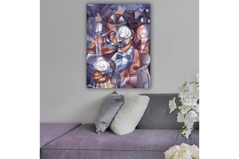 Lærred 70x100 cm - Stiliseret portræt af en mand med hat og monokel, omgivet af abstrakte former og lyskilder - Mørkeblå / Beige / Bordeaux - Boligtilbehør - Billeder & kunst - Billeder på lærred