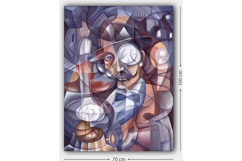Lærred 70x100 cm - Stiliseret portræt af en mand med hat og monokel, omgivet af abstrakte former og lyskilder - Mørkeblå / Beige / Bordeaux - Boligtilbehør - Billeder & kunst - Billeder på lærred