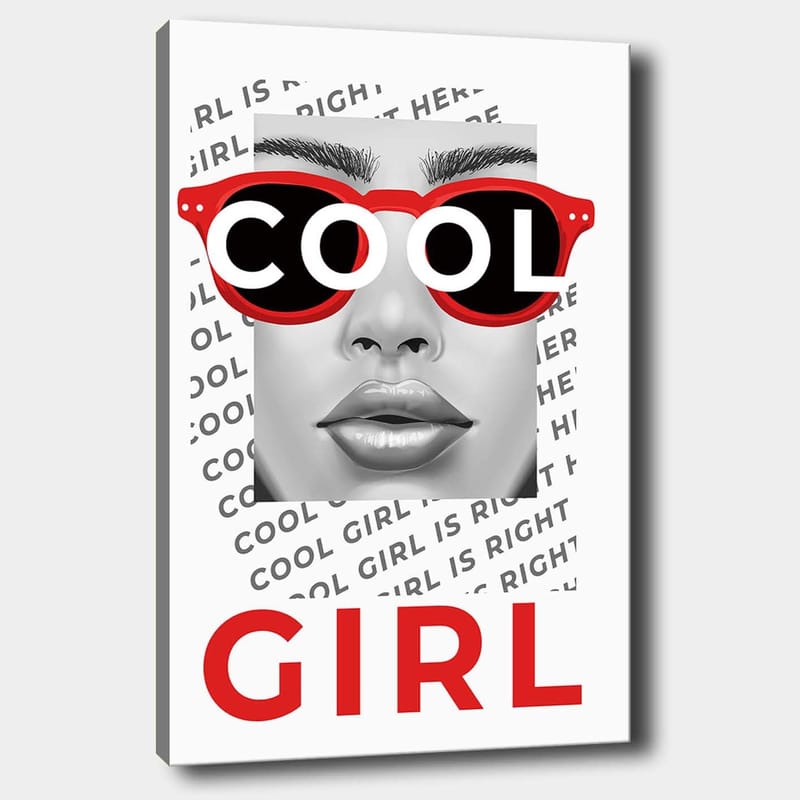 Lærred 70x100 cm - Stiliseret portræt af en kvinde med fede solbriller, Rød / Sort / Grå
