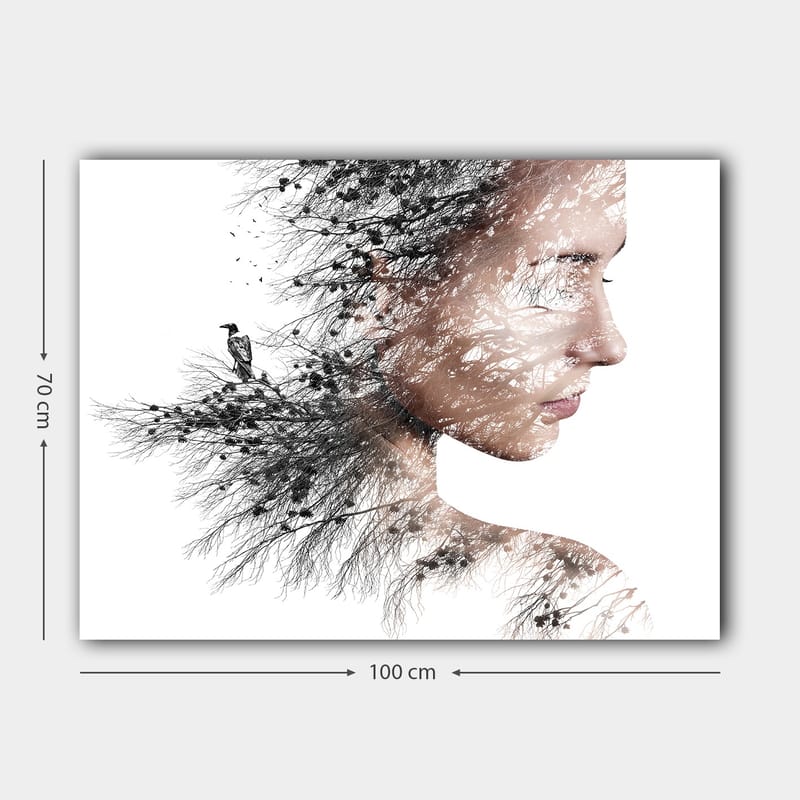 Lærred 70x100 cm - Stiliseret portræt af en kvinde med træer og fugle som en del af hendes silhuet - Sort / Grå / Brun - Boligtilbehør - Billeder & kunst - Billeder på lærred