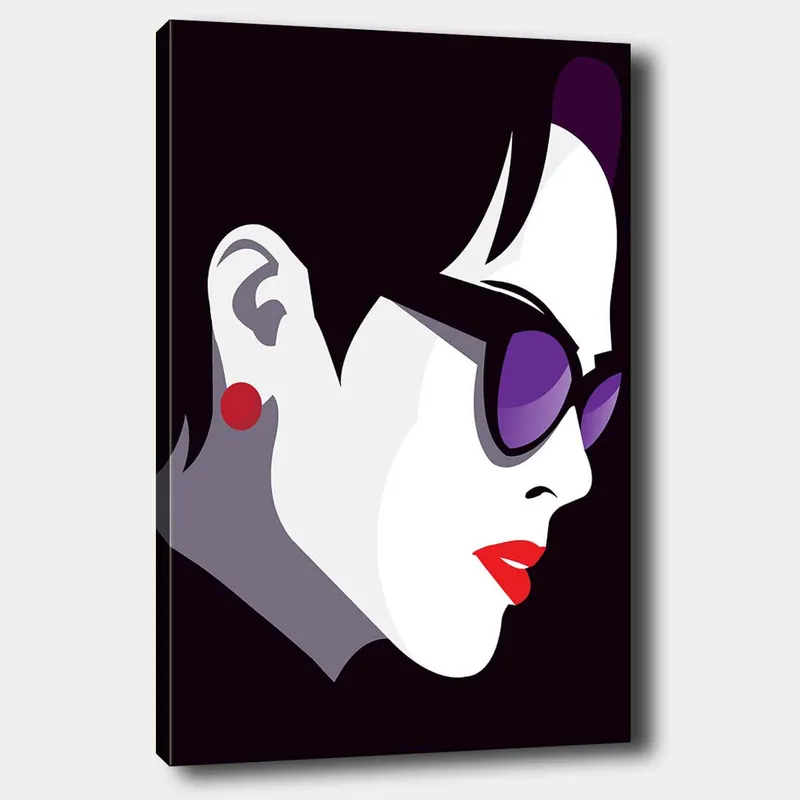 Lærred 70x100 cm - Stiliseret profil af en kvinde med solbriller og rød læbestift, Sort / Hvid / Lilla