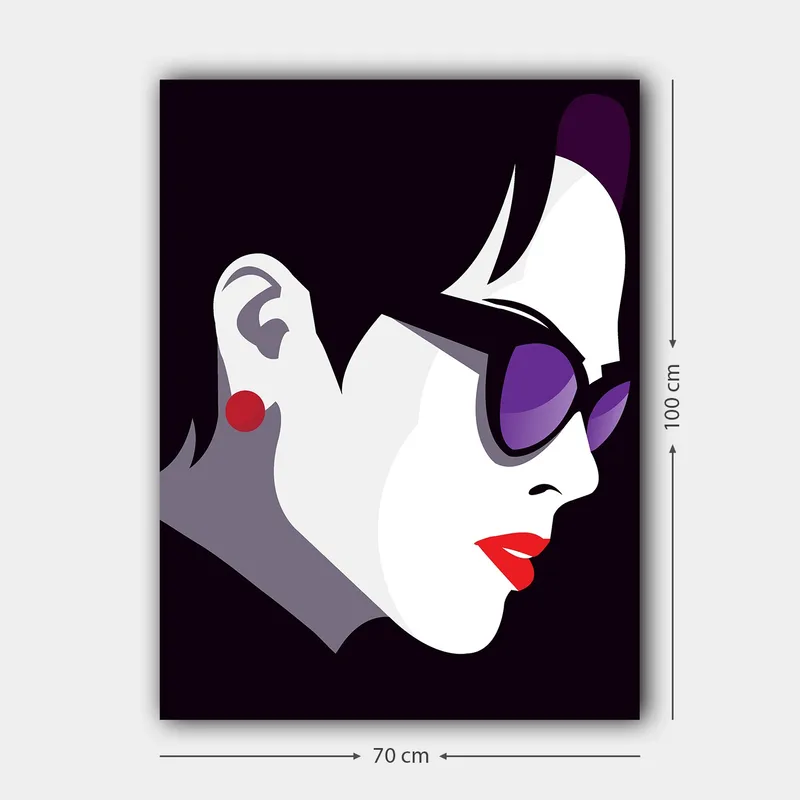 Lærred 70x100 cm - Stiliseret profil af en kvinde med solbriller og rød læbestift - Sort / Hvid / Lilla - Boligtilbehør - Billeder & kunst - Billeder på lærred