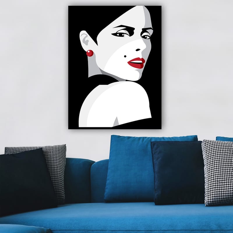 Lærred 70x100 cm - Stiliseret portræt af en kvinde med et dramatisk udseende - Rød / Sort / Hvid - Boligtilbehør - Billeder & kunst - Billeder på lærred