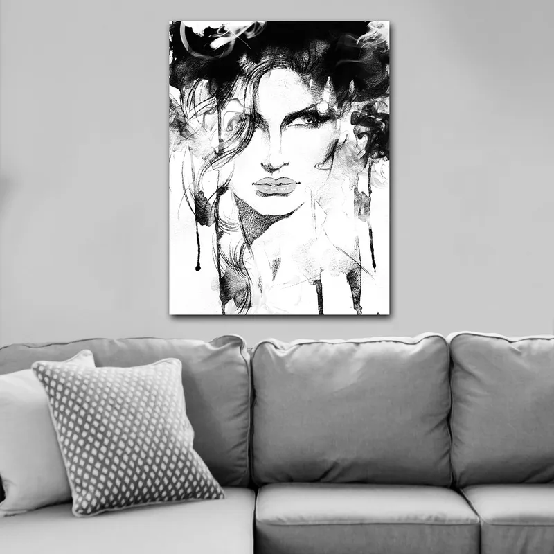 Lærred 70x100 cm - Stiliseret portræt af en kvinde med dramatiske linjer og røgede elementer - Sort / Hvid / Grå - Boligtilbehør - Billeder & kunst - Billeder på lærred