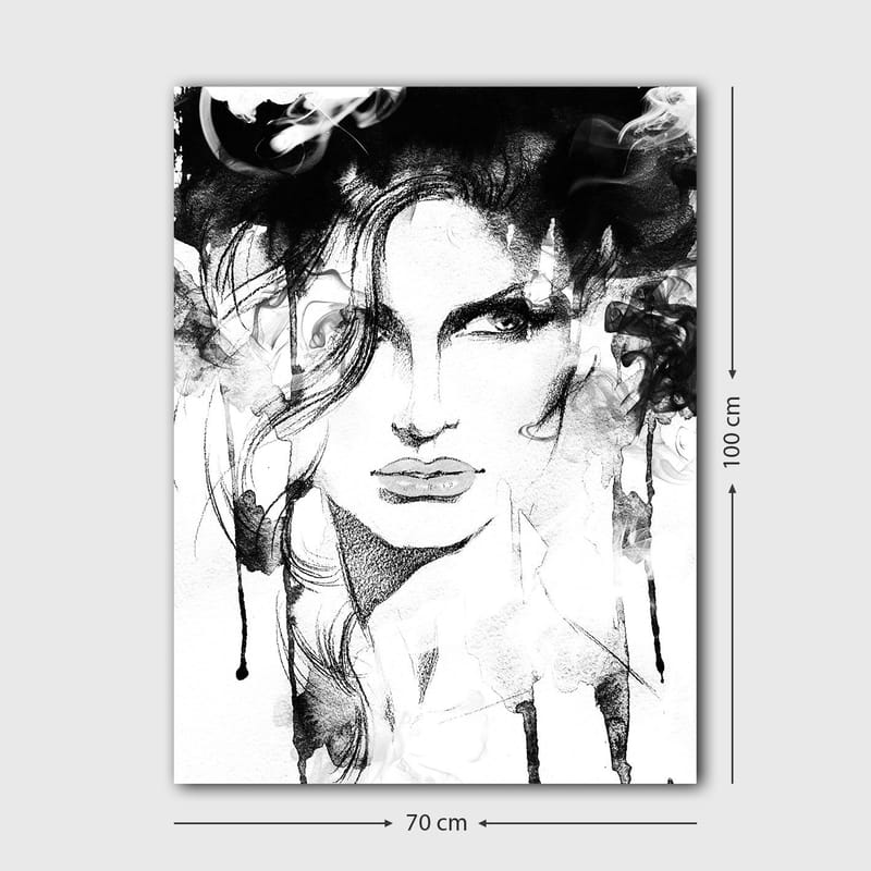 Lærred 70x100 cm - Stiliseret portræt af en kvinde med dramatiske linjer og røgede elementer - Sort / Hvid / Grå - Boligtilbehør - Billeder & kunst - Billeder på lærred