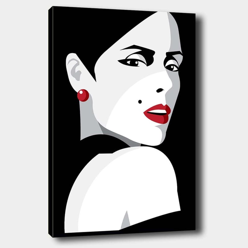 Lærred 70x100 cm - Stiliseret portræt af en kvinde med et dramatisk udseende, Rød / Sort / Hvid