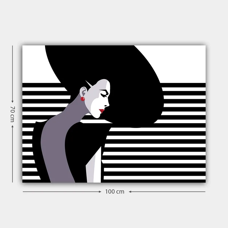 Lærred 70x100 cm - Stiliseret profil af en kvinde med stort, sort hår og røde øreringe - Sort / Hvid / Grå - Boligtilbehør - Billeder & kunst - Billeder på lærred