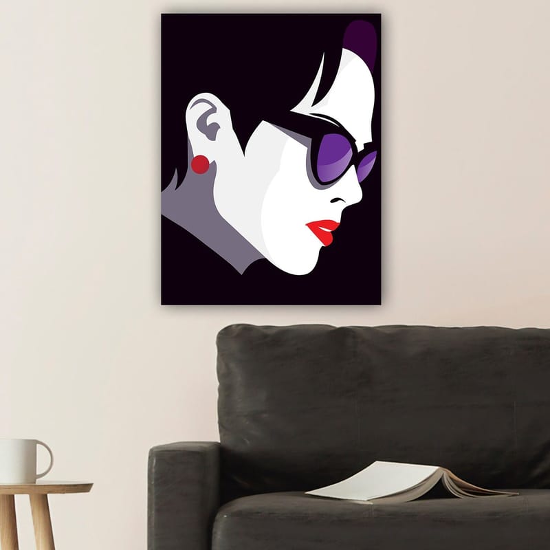Lærred 70x100 cm - Stiliseret profil af en kvinde med solbriller og rød læbestift - Sort / Hvid / Lilla - Boligtilbehør - Billeder & kunst - Billeder på lærred