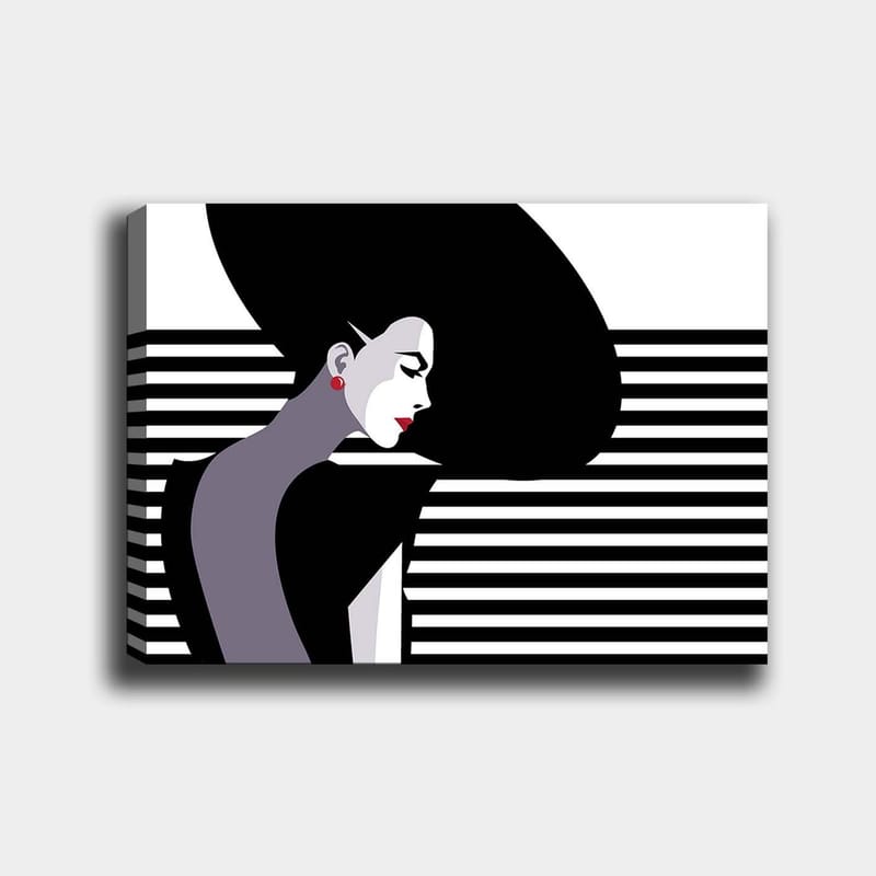 Lærred 70x100 cm - Stiliseret profil af en kvinde med stort, sort hår og røde øreringe, Sort / Hvid / Grå