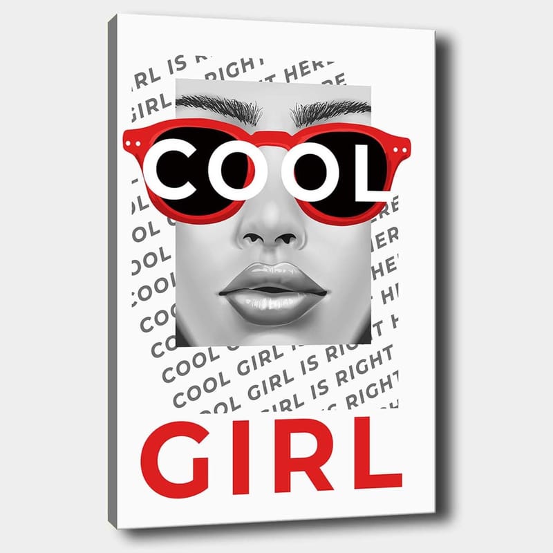 Lærred 70x100 cm - Stiliseret portræt af en kvinde med fede solbriller, Rød / Sort / Grå