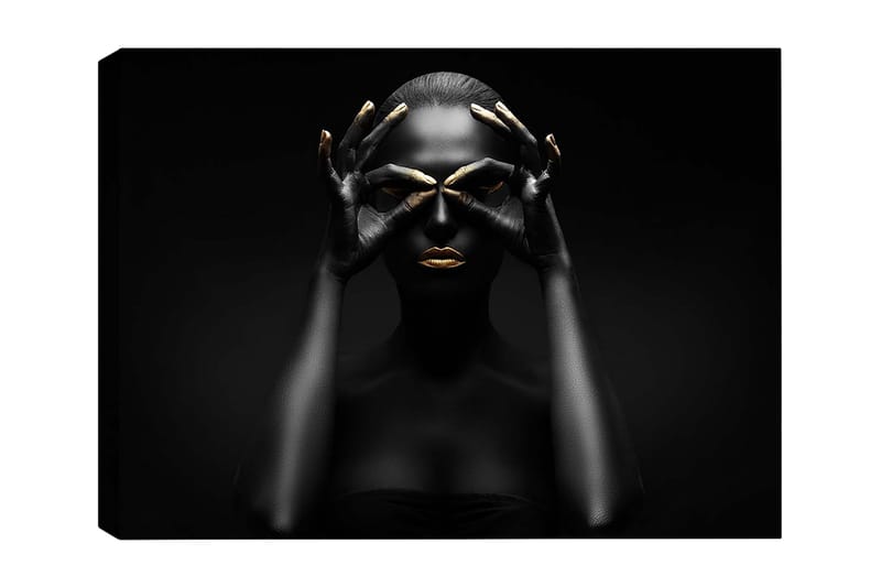 Lærred 70x100 cm - Stiliseret portrætbillede af en kvinde med sorte hænder, der danner et par øjne, med gyldne detaljer på læber og fingerspidser, Sort / Guld