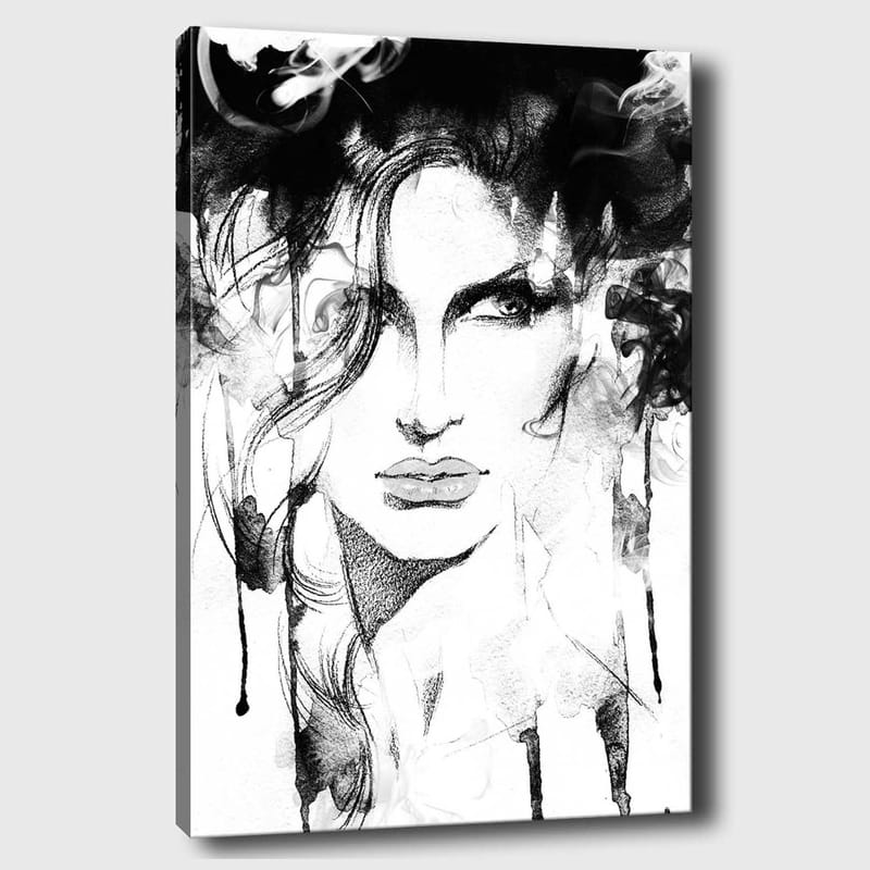 Lærred 70x100 cm - Stiliseret portræt af en kvinde med dramatiske linjer og røgede elementer, Sort / Hvid / Grå