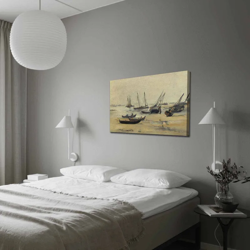 Lærred 70x100 cm - Stille havnescene med sejlbåde forankret i roligt vand, Grå / Beige / Mørkeblå