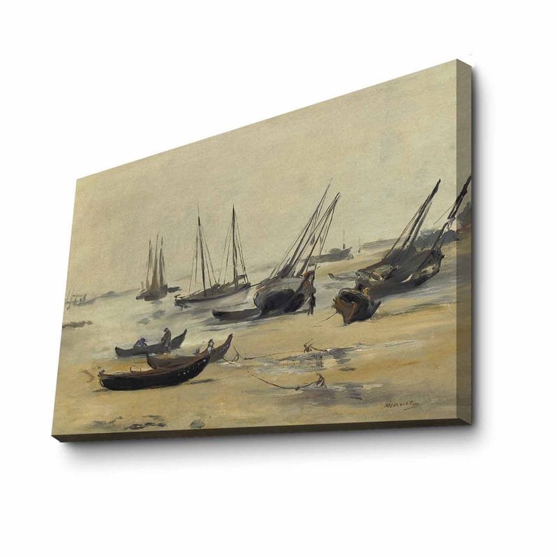 Lærred 70x100 cm - Stille havnescene med sejlbåde forankret i roligt vand - Grå / Beige / Mørkeblå - Boligtilbehør - Billeder & kunst - Billeder på lærred