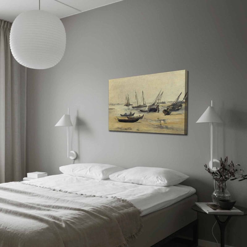 Lærred 70x100 cm - Stille havnescene med sejlbåde forankret i roligt vand, Grå / Beige / Mørkeblå