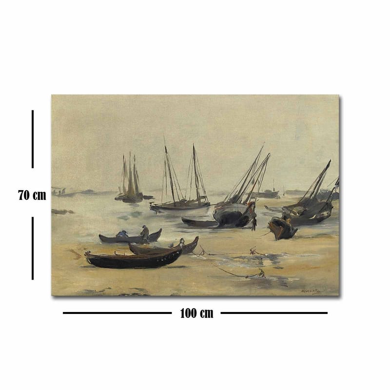 Lærred 70x100 cm - Stille havnescene med sejlbåde forankret i roligt vand - Grå / Beige / Mørkeblå - Boligtilbehør - Billeder & kunst - Billeder på lærred