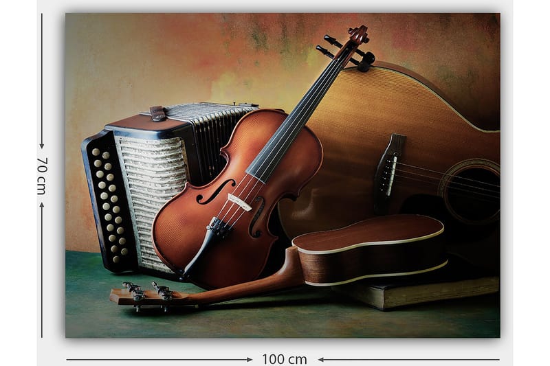 Lærred 70x100 cm - Stille komposition af musikinstrumenter, herunder violin, guitar og harmonika - Brun / Beige / Mørkegrøn - Boligtilbehør - Billeder & kunst - Billeder på lærred