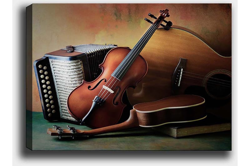 Lærred 70x100 cm - Stille komposition af musikinstrumenter, herunder violin, guitar og harmonika - Brun / Beige / Mørkegrøn - Boligtilbehør - Billeder & kunst - Billeder på lærred