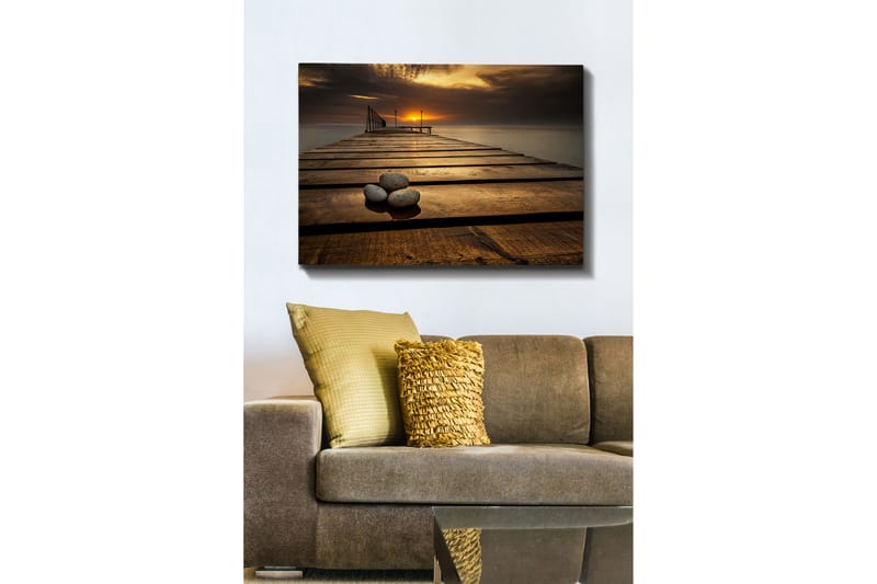 Lærred 70x100 cm - Stille mole ved solnedgang med klipper i forgrunden - Guld / Brun / Grå - Boligtilbehør - Billeder & kunst - Billeder på lærred