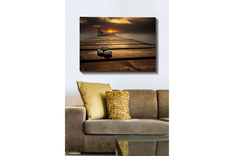 Lærred 70x100 cm - Stille mole ved solnedgang med klipper i forgrunden - Guld / Brun / Grå - Boligtilbehør - Billeder & kunst - Billeder på lærred