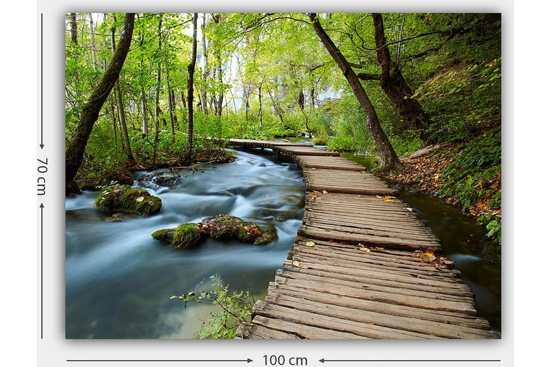 Lærred 70x100 cm - Stille skovsti, der snor sig over en rislende bæk omgivet af frodige træer og vegetation - Grøn / Brun / Blå - Boligtilbehør - Billeder & kunst - Billeder på lærred