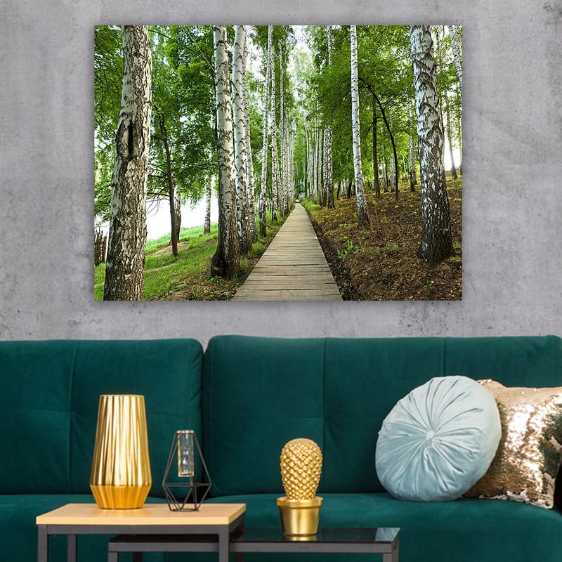 Lærred 70x100 cm - Stille skovvej omgivet af birketræer og frodig vegetation - Grøn / Hvid / Brun - Boligtilbehør - Billeder & kunst - Billeder på lærred
