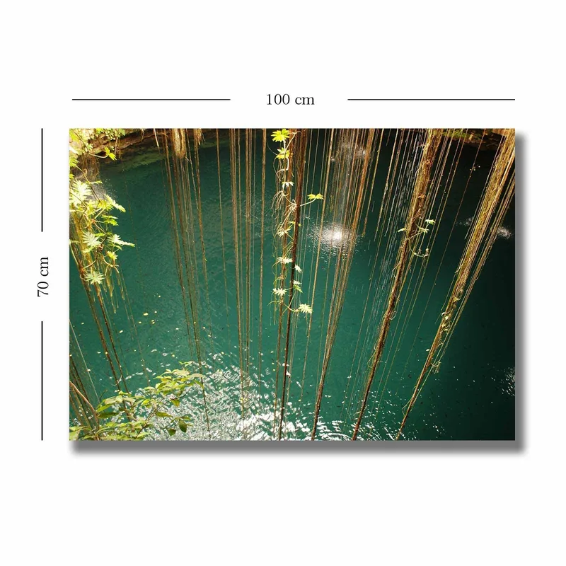 Lærred 70x100 cm - Stille vandoverflade omgivet af hængende vegetation og naturlige elementer - Turkis / Grøn / Brun - Boligtilbehør - Billeder & kunst - Billeder på lærred