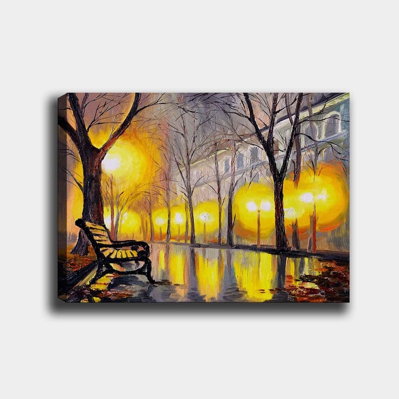 Lærred 70x100 cm - Stille park med en bænk under et gult lys fra gadelygter, Gul / Brun / Grå