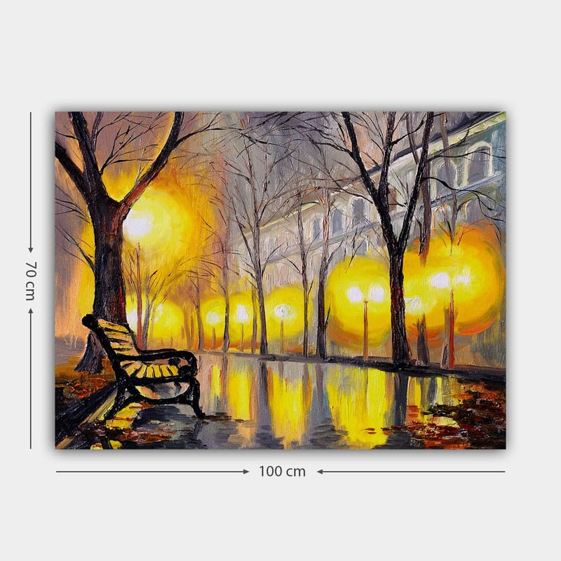 Lærred 70x100 cm - Stille park med en bænk under et gult lys fra gadelygter - Gul / Brun / Grå - Boligtilbehør - Billeder & kunst - Billeder på lærred