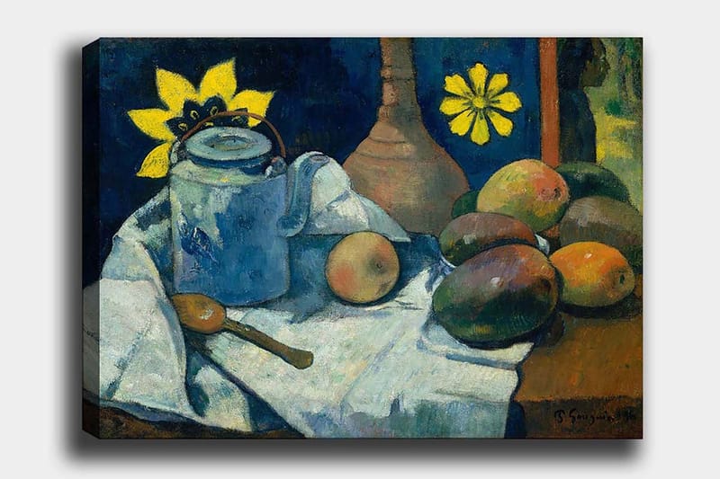 Lærred 70x100 cm - Stilleben med en blå kande, frugter og en gul blomst, Blå / Gul / Grøn