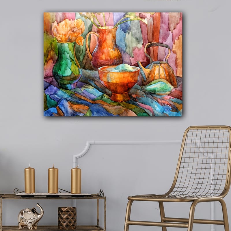 Lærred 70x100 cm - Stilleben med farverige kar og blomster - Grøn / Orange / Blå - Boligtilbehør - Billeder & kunst - Billeder på lærred