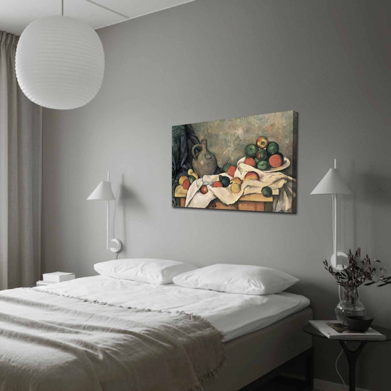 Lærred 70x100 cm - Stilleben med frugter og en keramisk kande på et bord - Grøn / Rød / Beige - Boligtilbehør - Billeder & kunst - Billeder på lærred