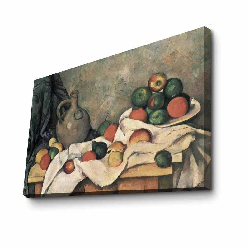 Lærred 70x100 cm - Stilleben med frugter og en keramisk kande på et bord - Grøn / Rød / Beige - Boligtilbehør - Billeder & kunst - Billeder på lærred