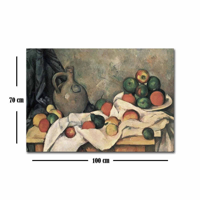 Lærred 70x100 cm - Stilleben med frugter og en keramisk kande på et bord - Grøn / Rød / Beige - Boligtilbehør - Billeder & kunst - Billeder på lærred