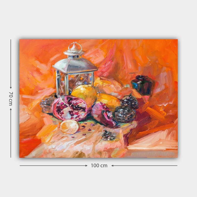 Lærred 70x100 cm - Stilleben med frugter og en lanterne i varme farver - Orange / Rød / Gul - Boligtilbehør - Billeder & kunst - Billeder på lærred